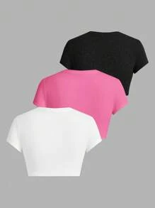SHEIN EZwear Set de 3 camisetas de mujer de estilo casual y minimalista con estampado de cerezas, para el verano