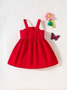 SHEIN Baby Girl Polka Dot Lace Patchwork Playful Strap Dress - Red - View 2
