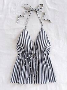 Soleia Vacation Beach Halter Neck Tied Contrast Stripe Tank Top