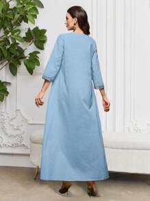 Al Najma Robe arabe à col en V brodée géométrique pour femmes, à manches 3/4, modeste - Bleu azur - Voir 3