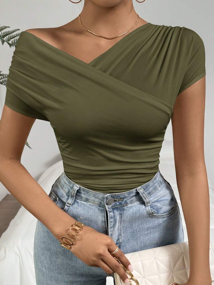 Firerie Women's Solid Color Asymmetric Neckline Short Sleeve Ruched Fitted T-Shirt,Rave Top - Army Green - View 1