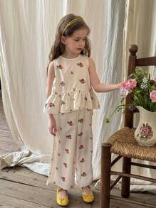 LMoss Kids LMoss  2pcs Set Young Girl Ditsy Floral Round Neck Ruffle Trim Tank Top And Loose Casual Pants Sisters Outfit,Suitable For Spring And Summer - Multicolor - View 5
