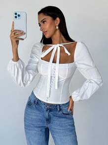 Aloruh Damen Ausgeh-Top Moderne Mode Elegante Frühlings Bluse Täglicher Lässig Einfacher Business Pendler Basic Stil Einfarbiges Top Altes Geld Stil Quadratischer Kragen Schleifendekor, Hochzeitsgast Top Damen, Brunch für Damen, St. Patrick, Ostern, Boho, Bescheiden, Streetwear, Minimalana, Vordere Schleife Top - Weiss - Übersicht 5