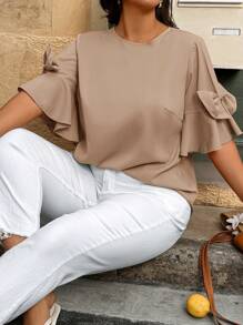 SHEIN Clasi Casual Vacation Style Solid Color Bow Decor Plus Size Shirt - Brown - View 4