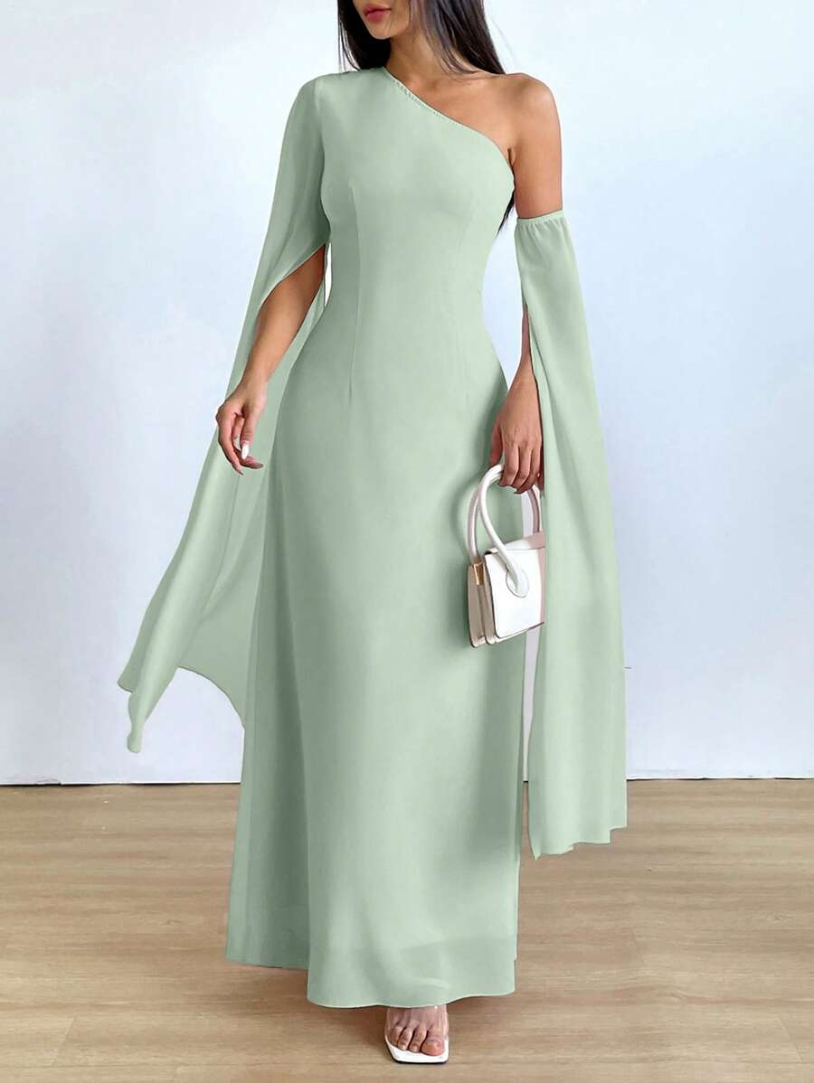 Chiquease 女士优雅斜肩露背开衩长袖收腰纯色 A 字连衣裙，春夏 - 綠色 - 查看 1