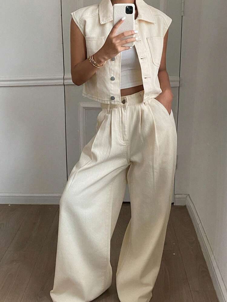 Women's Single-Breasted Vest And Wide-Leg Jeans Casual Suit