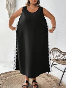 SHEIN CURVE+ 大码纯色编织宽松无袖水溶性蕾丝女式长裙、休闲裙、度假裙波西米亚风度假 - 黑色 - 查看 4