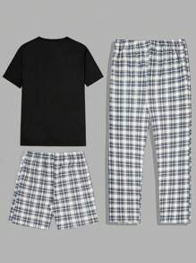 RueChic Conjunto de pijama para hombre de 3 piezas (camiseta, pantalón corto y pantalón) de algodón con estampado a cuadros y parche