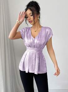 Selianne Blusa elegante de estilo francés con cuello en V, hombros fruncidos y plisados, y mangas abullonadas, con detalles dorados, para uso en la oficina - Púrpura malva - Ver 5