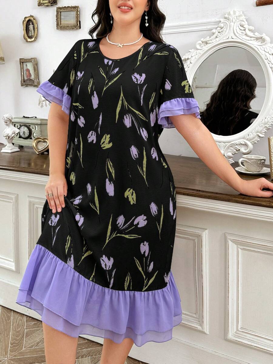 CottageSlumber 加大码撞色拼接双层荷叶边下摆花卉印花长款睡袍，Moo Moo 睡裙，舒适优雅细节 - 黑色 - 查看 1