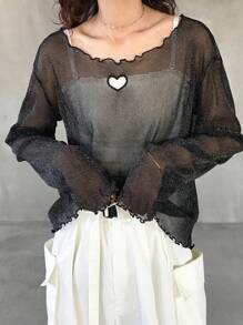 FRIFUL Women's See-Through Heart Shaped Frill Edged Fitted Tank Top Long Sleeve Women Tops - Black - View 4