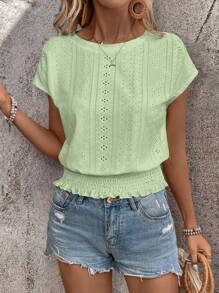EMERY ROSE Crewneck T-Shirt, With Textured Fabric And Elastic Waistline - Green - View 5