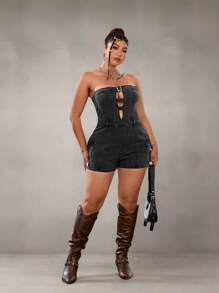 SHEIN ICON Mono vaquero sin mangas con botones metálicos y cremallera en talla grande