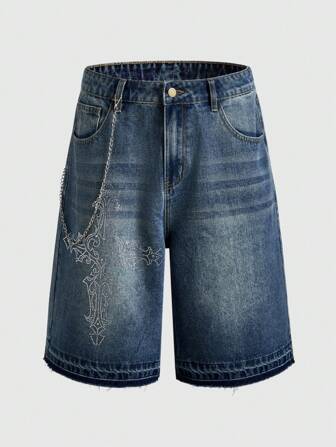Grunge Punk Short en jean casual ample avec croix ornée de strass pour hommes, longueur mi-genou