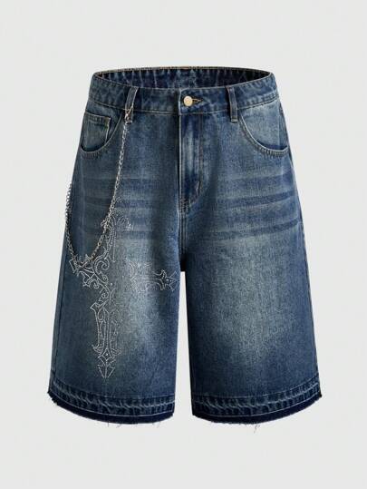 Grunge Punk Men's Rhinestone Cross Pocket Loose Casual Knee Length Denim Shorts