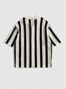 ROMWE MEN Casual 男士条纹短袖单排扣休闲针织上衣 - 白色 - 查看 3