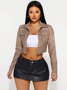 Zolique 女式长袖单排扣实用口袋短款休闲夹克 - 卡其色 - 查看 4