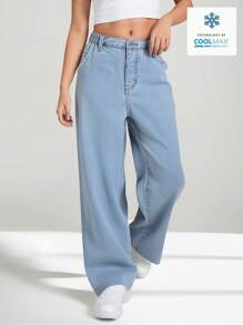 DENIMLY TWEEN GIRL Casual Simple Daily Must Have Spring Summer Cool Max Cotton Cropped Wide Leg Jeans, Elastic Waistband And Button Closure, Raw Hem And Flat Pockets On Back. Classic And Basic. - Light Wash - View 1