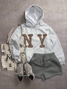 SHEIN EZwear Casual Minimalist Leopard Print Letter Graphic Hooded Long Sleeve Loose Fit Sweatshirt For Women