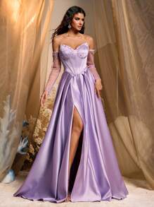 Glamrae Rochie elegantă, luxoasă, cu bule, cu mâneci detașabile, fără bretele, din satin, cu fantă înaltă, în coadă de pește, potrivită pentru nunți, petreceri, vacanțe, gale, evenimente formale (stil înfrumusețat) - Violet - Vizualizare 6