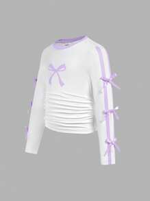 SHEIN 2pcs Set Young Girls Casual Outfit, Long Sleeve Top With Bow Decor & Woven Jogger Pants, Suitable For Spring/Autumn - Multicolor - View 4