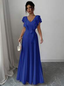 Elenzga V-Neck Ruffled Waist A-Line Elegant Romantic Women Dress - Royal Blue - View 3