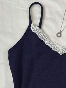 SHEIN Teen Girls' Navy Blue & White Lace Ballerina Style Tank Top