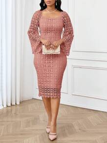 SHEIN Lady 四季秋装化妆舞会礼服优雅女士连衣裙秋季紫色连衣裙蕾丝镂空面料婚纱紫色返校节礼服演唱会女士蕾丝长袖装优雅修身喇叭长袖连衣裙秋季女装 - 珊瑚粉 - 查看 5