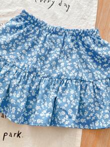 SHEIN LMoss Kids Baby Girl Summer Casual Cute Ditsy Floral Elastic Waist Mini Skirt - Blue - View 6