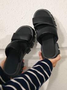 HighSole 女士厚底一脚蹬凉鞋，厚底坡跟，时尚舒适休闲拖鞋，适合夏季高底春假优雅装扮，开斋节华丽编辑轻松舒适波西米亚风度假城市盛会夏季 - 黑色 - 查看 4