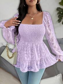 Celure Blusa con maniche a sbuffo elegante e romantica, con dettagli tagliati, in tessuto, con peplum, per taglie forti