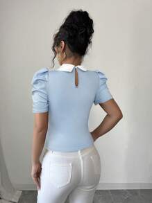 Elenzga Áo thun nữ cổ bẻ đơn sắc đính hạt thanh lịch hàng ngày - Màu xanh lam - Xem 2