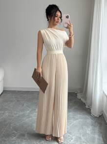 Elenzga Mono elegante de mujer con hombro asimétrico y drapeado - Albaricoque - Ver 1