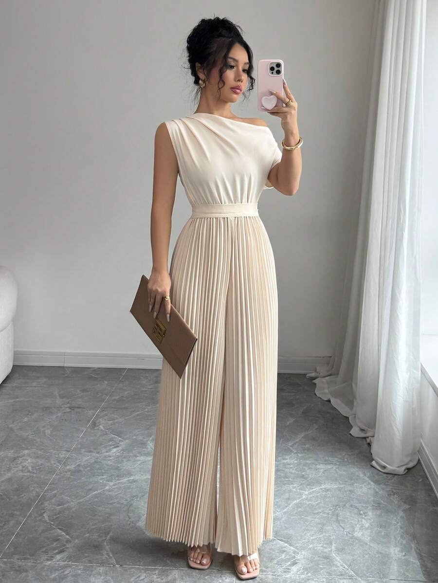 Elenzga Mono elegante de mujer con hombro asimétrico y drapeado - Albaricoque - Ver 1