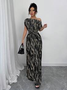 Elenzga 女士扎染印花不对称领口蝙蝠袖连体裤，时尚休闲，适合约会、工作、度假、假日、波西米亚风格、夏季