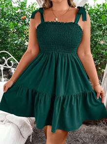 SHEIN Clasi Đầm suông buộc eo bèo nhún viền mảnh cỡ lớn cho nữ - Màu xanh lá cây đậm - Xem 4