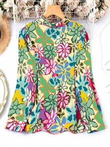 Calvaya Plus Size Women Floral Print Long Sleeve Single-Breasted Shirt, Vacation Wear - Multicolor - View 2