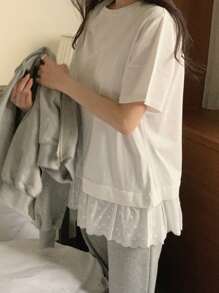 DAZY T-shirt casual da ragazza con scollo tondo, maniche corte, dettagli in pizzo a contrasto, con volant