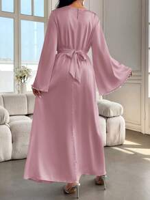 Al Najma Women's Elegant Solid Color Flare Sleeve Long Dress, Spring/Summer, Modest Elegant A Line Arabian Dresses, For Evening Party/Wedding Guest/Anniversary/Daily Wear - Dusty Pink - View 2