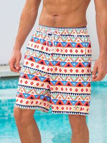 Surfspeed Men's Geometric Print Drawstring Pocket Beach Shorts Men Swim Trunks - Multicolor - View 1