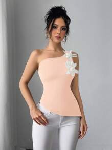 SHEIN Unity Sexy Elegant Chic Floral Asymmetric Shoulder Form-Fitted T-Shirt With Side Ruched Waist - Pink - View 4