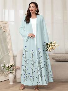 Al Najma Women's Floral Print Long Sleeve Open Front Abaya Kimono, Modest Robe - Baby Blue - View 6