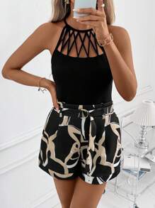 SHEIN Clasi 2 件套女士新款优雅几何镂空吊带背心和口袋短裤套装女士夏季服装两件套女士度假服装女士演唱会服装女士波西米亚风女士服装 2 件套女士黑色上衣两件套夏季套装 - 彩色 - 查看 3