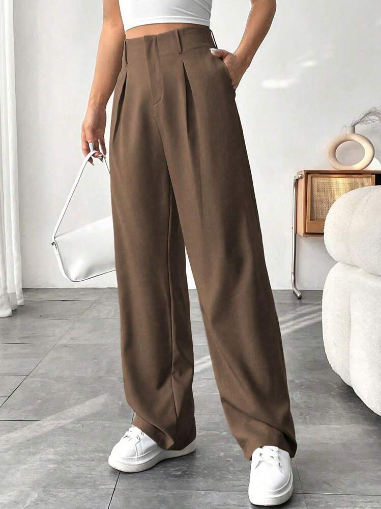SHEIN Tall Women Solid Color Pleated Loose Straight Leg Pants Fall Cloth For Women - Brown - View 4
