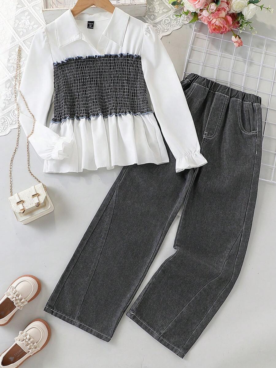 Tween Girls Medium Blue Denim Set, Elegant Long Sleeve Elastic Waist Top And Matching Straight Leg Jeans, Casual Cute Style Outfit, Versatile For Daily Wear And Outdoor, Girls Clothing Set