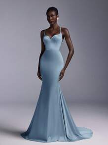 SHEIN Belle Váy dạ hội đuôi cá cổ chữ V hở lưng, sang trọng, tối giản, sang trọng, chất liệu satin, sang trọng, tối giản, sang trọng, thanh lịch, sang trọng ... - Màu xanh bụi bặm - Xem 2