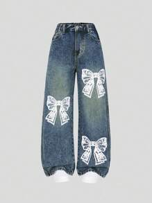 SHEIN Explorewe Tween Girls Vintage Blue & White Bowknot Print Distressed Loose Wide Leg Washed Jeans - Blue - View 1
