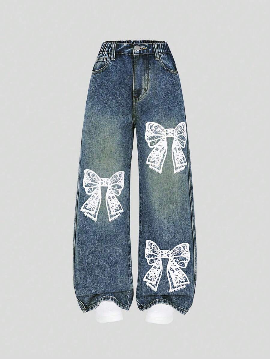 SHEIN Explorewe Tween Girls Vintage Blue & White Bowknot Print Distressed Loose Wide Leg Washed Jeans - Blue - View 1