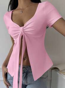 SHEIN EZwear Camiseta de mujer casual de punto rosa con abertura y cordón en la manga corta