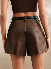 Anewsta Elaire Shorts de mujer con presillas de cinturón de piel de PU lavada con efecto ombré, para vacaciones de verano, Año Nuevo, primavera